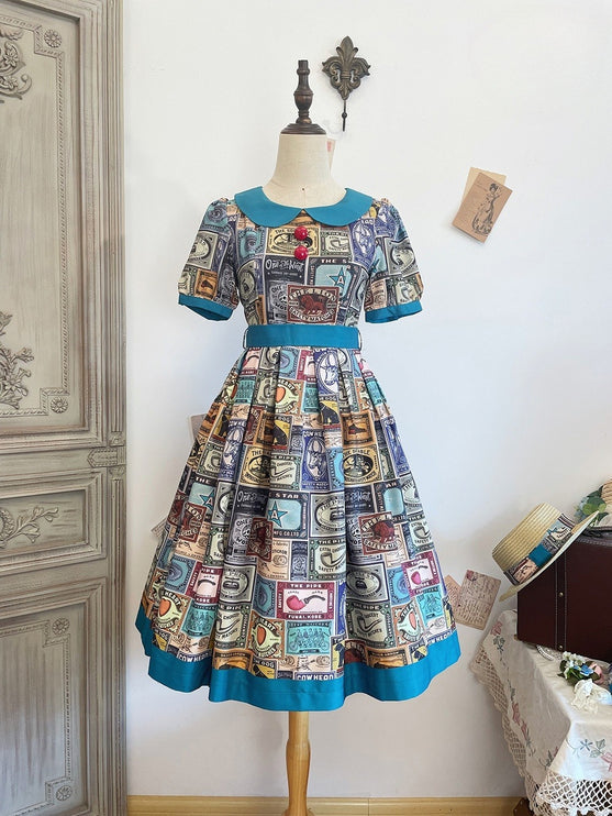 Vintage Postage Stamp Lolita Dress – Classic American Retro Short Sleeve OP for Daily Wear