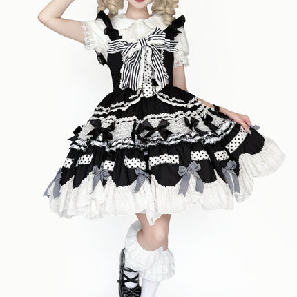 Gothic Aristocrat Lolita Dress - Victorian Black and White Ruffled Doll OP with Cape and Bonnet