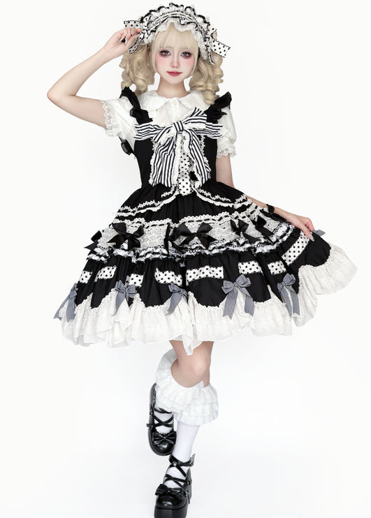Gothic Aristocrat Lolita Dress - Victorian Black and White Ruffled Doll OP with Cape and Bonnet