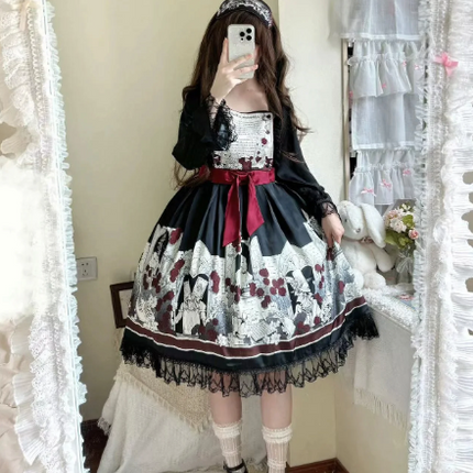 Dark Wonderland Asylum Lolita Dress - Gothic OP with Velvet Ribbon and Eerie Storybook Print