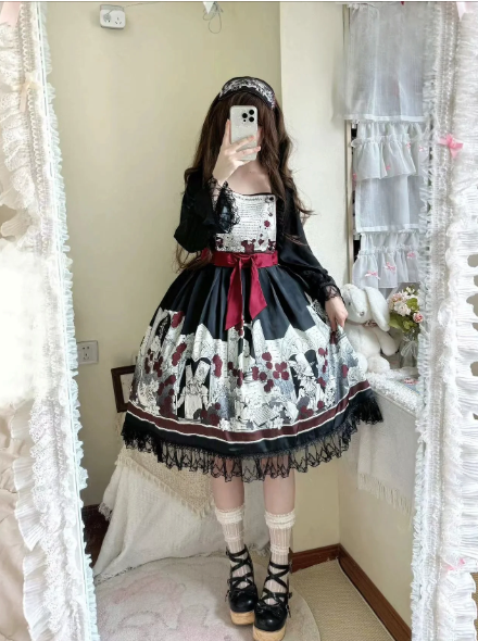 Dark Wonderland Asylum Lolita Dress - Gothic OP with Velvet Ribbon and Eerie Storybook Print