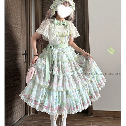 Elegant Vintage Floral Lolita JSK with Ruffled Details and Adjustable Waist Ties