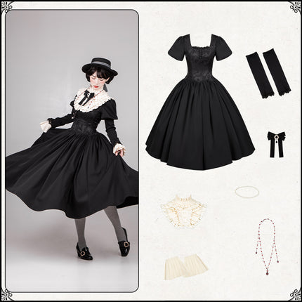 Black & Cream Whimsical Lolita Dress – Adjustable Bows & Multi-Tiered Lace Skirt