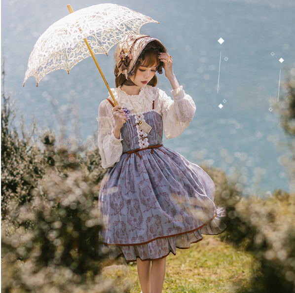 Floral Elegance Lace-Up Lolita JSK Sundress – Romantic Tiered Dress in Sage Green, Lavender, and Charcoal