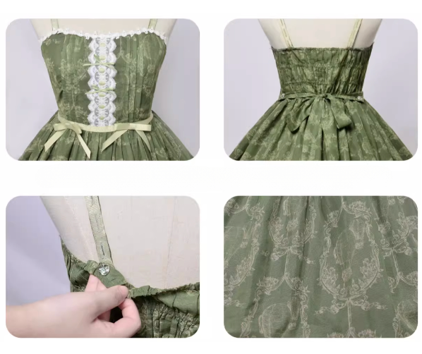 Floral Elegance Lace-Up Lolita JSK Sundress – Romantic Tiered Dress in Sage Green, Lavender, and Charcoal