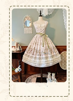 Whimsical Floral Lolita Dress – Tiered Skirt with Detachable Bows & Crisscross Ribbon Details