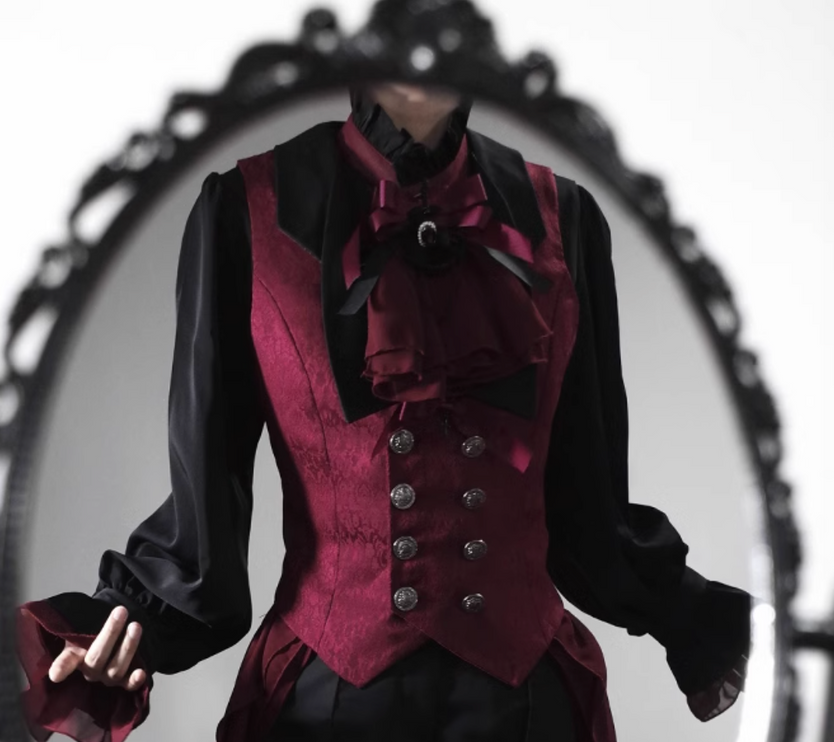 Twin Prince-Inspired Lolita Set – Black and Red Gothic High-Low Hoop Skirt with Vest and Shirt Design