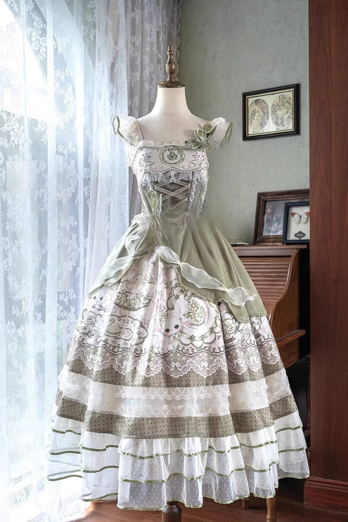 Sweet Lolita Dress - Light Green Layered Tulle Skirt with Lace & Embroidery