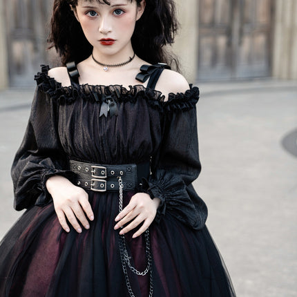 Vintage Square Neck Dark Gothic Black Lolita OP Dress Mid & Long Length