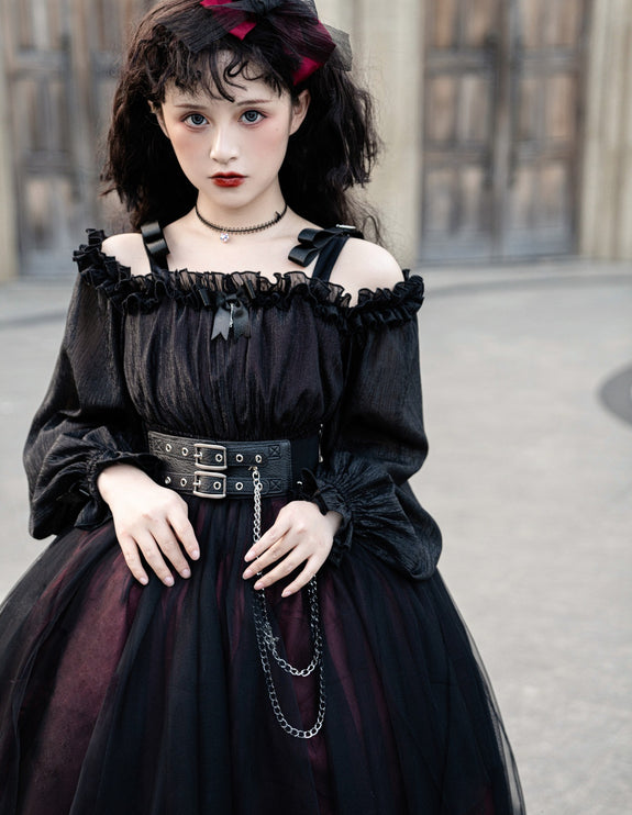 Vintage Square Neck Dark Gothic Black Lolita OP Dress Mid & Long Length