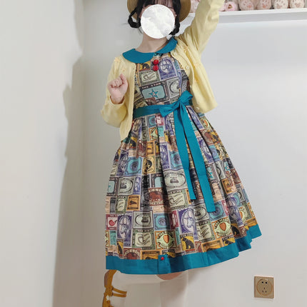 Vintage Postage Stamp Lolita Dress – Classic American Retro Short Sleeve OP for Daily Wear