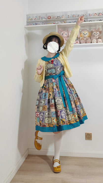 Vintage Postage Stamp Lolita Dress – Classic American Retro Short Sleeve OP for Daily Wear