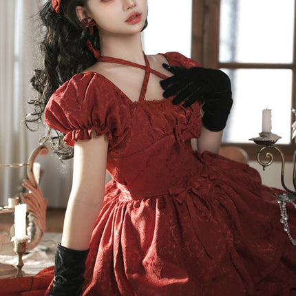 Thorn Rose Lolita Dress Short Sleeve OP Triple-Layer Puffy Skirt Red Lolita Dress