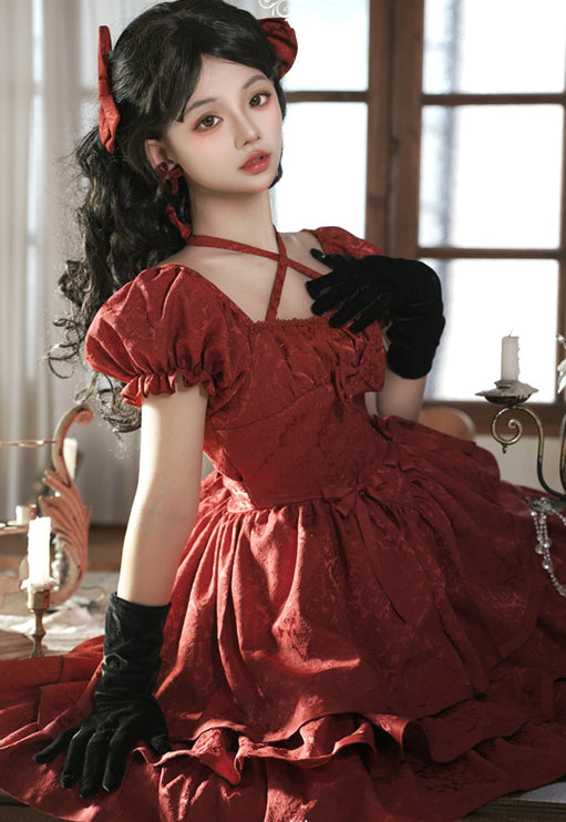 Thorn Rose Lolita Dress Short Sleeve OP Triple-Layer Puffy Skirt Red Lolita Dress