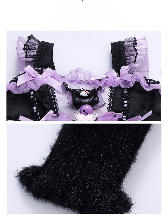 Elegant Black and Purple Lolita Dress for Girls - Intricate Lace and Ruffled Skirt