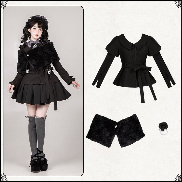 Black & Cream Whimsical Lolita Dress – Adjustable Bows & Multi-Tiered Lace Skirt