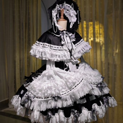 Gothic Aristocrat Lolita Dress - Victorian Black and White Ruffled Doll OP with Cape and Bonnet