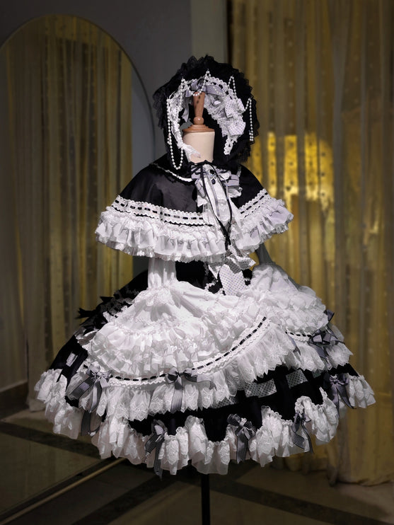 Gothic Aristocrat Lolita Dress - Victorian Black and White Ruffled Doll OP with Cape and Bonnet