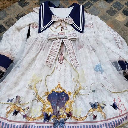 Lolita Tea Party Dress! Navy Collar Embroidered Bow Floral Jacquard Puffy Long Sleeve OP Dress