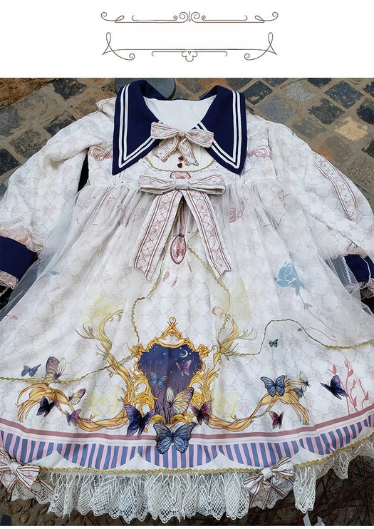 Lolita Tea Party Dress! Navy Collar Embroidered Bow Floral Jacquard Puffy Long Sleeve OP Dress
