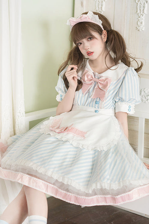 Lemonade Striped Puff-Sleeve Sweet Lolita Dress with Pink Bowknot & Lace Apron
