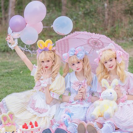 Lemonade Striped Puff-Sleeve Sweet Lolita Dress with Pink Bowknot & Lace Apron