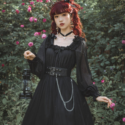 Vintage Square Neck Dark Gothic Black Lolita OP Dress Mid & Long Length