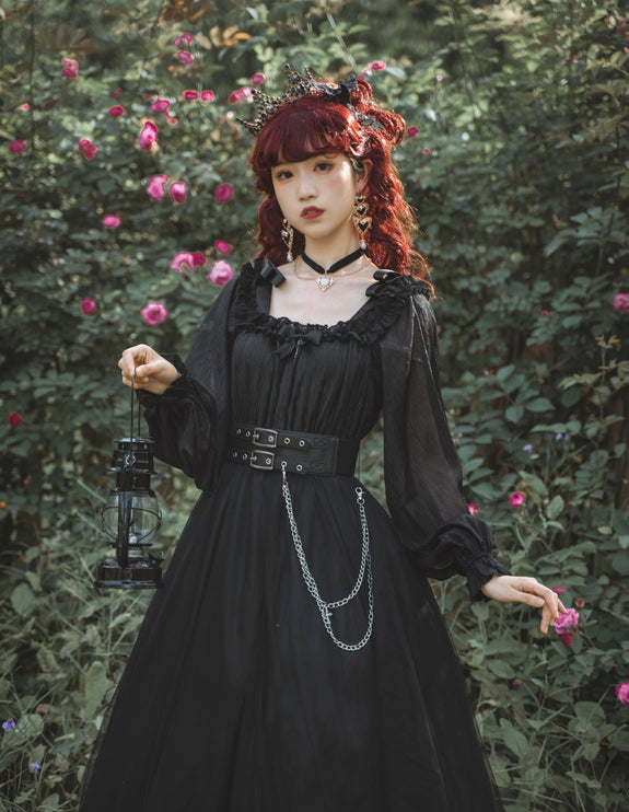 Vintage Square Neck Dark Gothic Black Lolita OP Dress Mid & Long Length