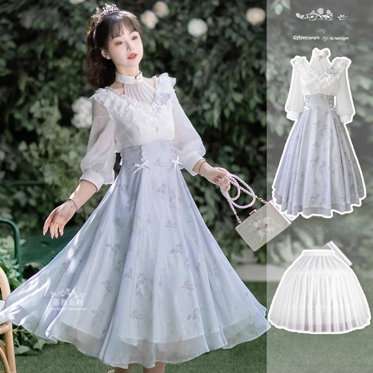 Lolita Fairy Dress! Lace Puff Sleeves + Light Blue Floral Maxi Skirt, Spring Garden Date Outfit