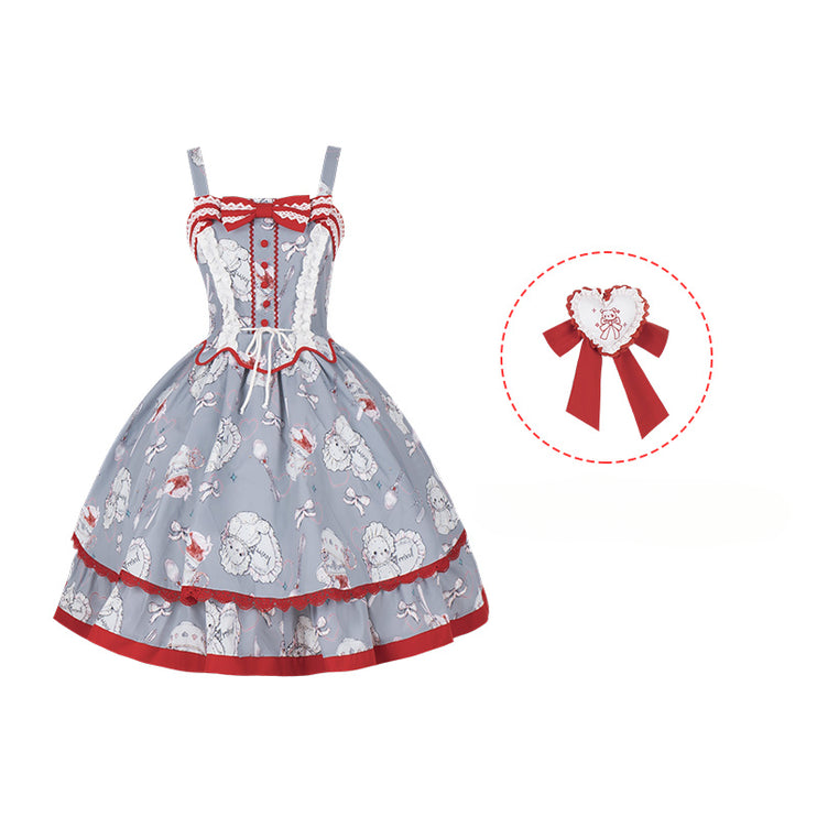 Tea Time Teddy Lolita JSK – Sweet Blue-Gray Dress with Red Lace-Up Corset and Tea Set Print