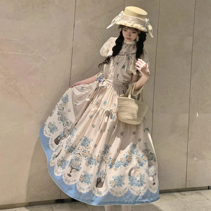 Bluebird Garden Lolita JSK – Elegant Floral Print Cla Series Dress with Waist Tie and Scalloped Hem