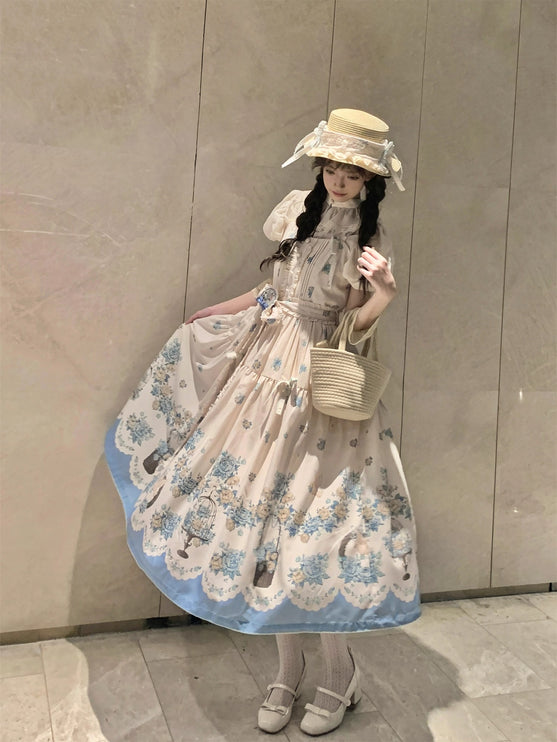 Bluebird Garden Lolita JSK – Elegant Floral Print Cla Series Dress with Waist Tie and Scalloped Hem
