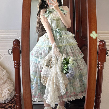 Elegant Vintage Floral Lolita JSK with Ruffled Details and Adjustable Waist Ties
