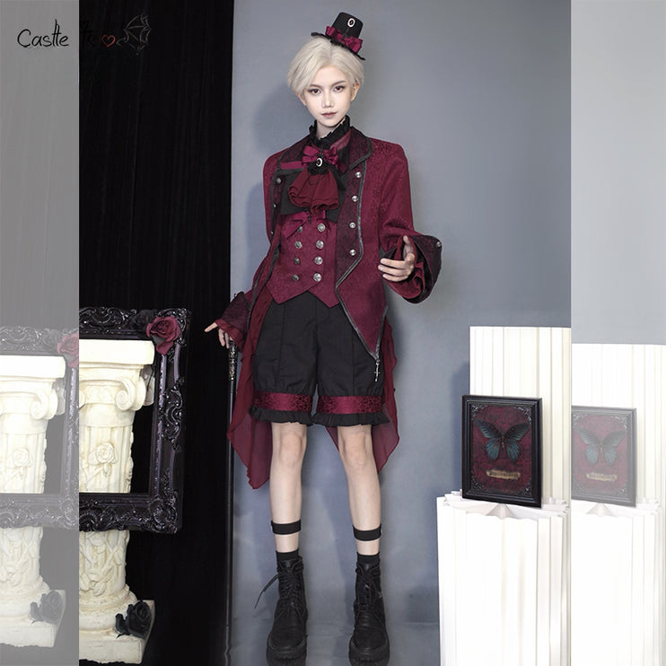 Twin Prince-Inspired Lolita Set – Black and Red Gothic High-Low Hoop Skirt with Vest and Shirt Design