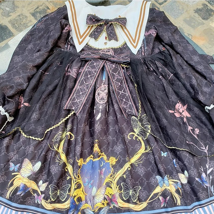 Lolita Tea Party Dress! Navy Collar Embroidered Bow Floral Jacquard Puffy Long Sleeve OP Dress