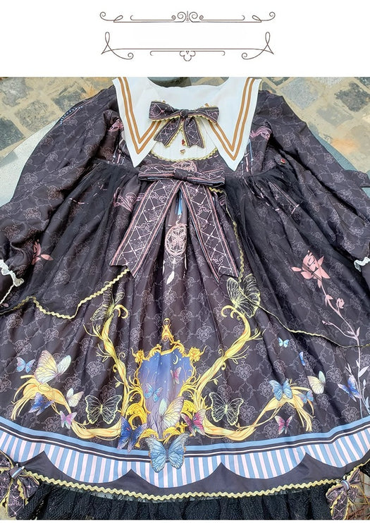 Lolita Tea Party Dress! Navy Collar Embroidered Bow Floral Jacquard Puffy Long Sleeve OP Dress