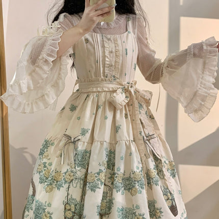 Bluebird Garden Lolita JSK – Elegant Floral Print Cla Series Dress with Waist Tie and Scalloped Hem