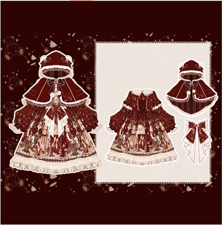 Original Christmas Lolita Dress with Thickened Winter Sweet Skirt and Cape Set for New Year