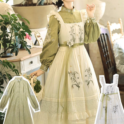 Vintage - style Green and White Layered Lolita Dress with Floral Embroidery
