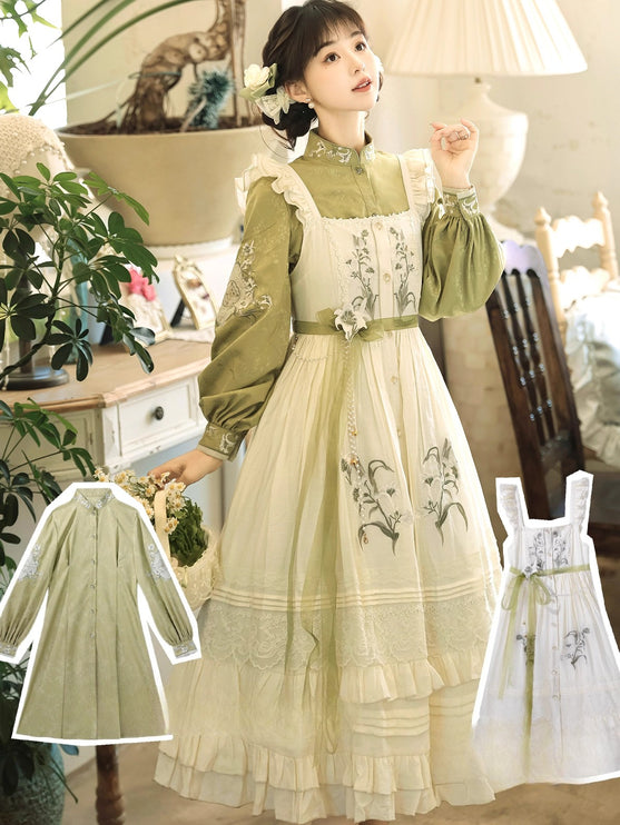 Vintage - style Green and White Layered Lolita Dress with Floral Embroidery