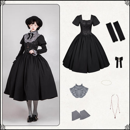Black & Cream Whimsical Lolita Dress – Adjustable Bows & Multi-Tiered Lace Skirt