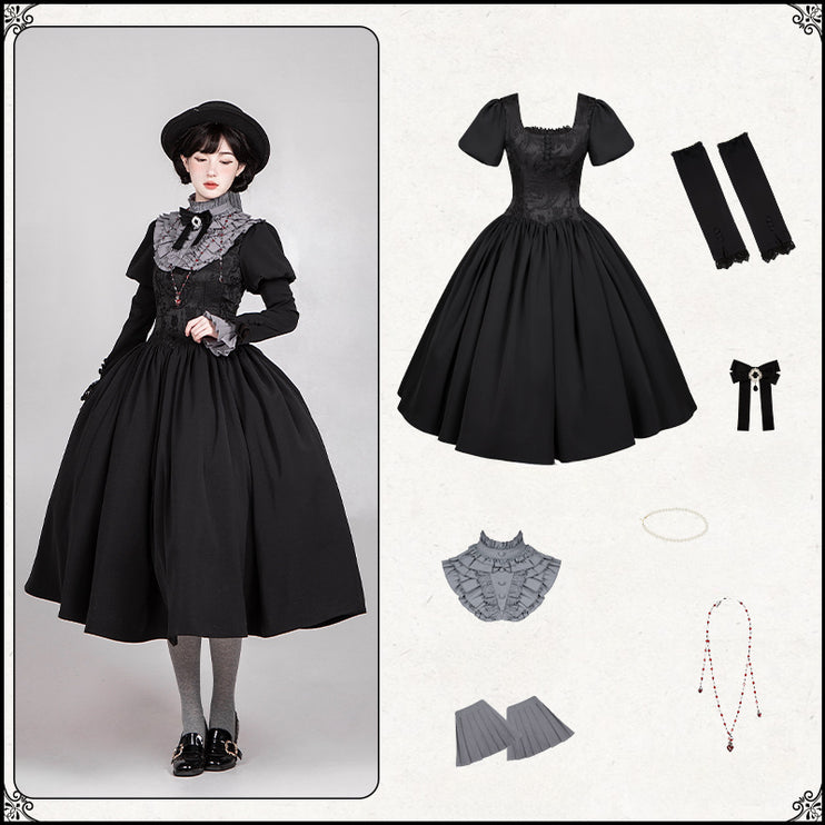 Black & Cream Whimsical Lolita Dress – Adjustable Bows & Multi-Tiered Lace Skirt