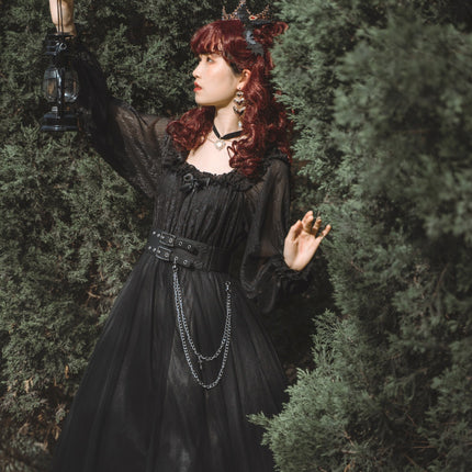 Vintage Square Neck Dark Gothic Black Lolita OP Dress Mid & Long Length