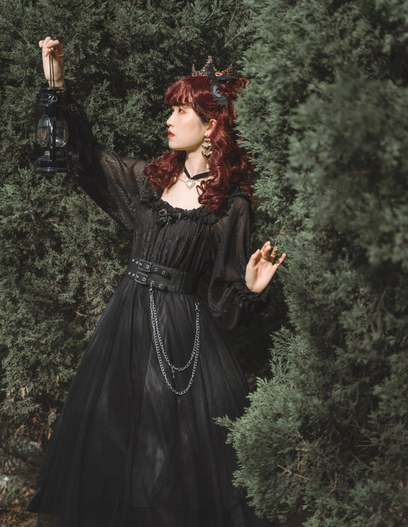 Vintage Square Neck Dark Gothic Black Lolita OP Dress Mid & Long Length