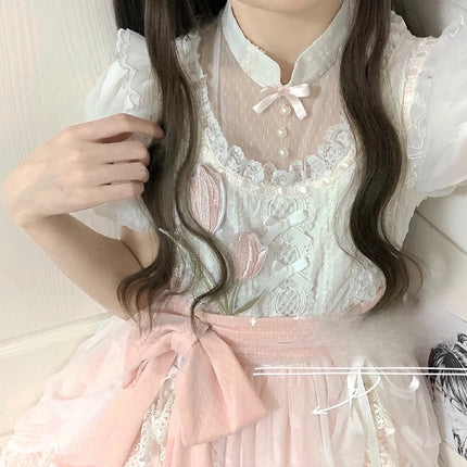 Elegant Pink and White Lace Lolita Dress with Puffed Sleeves and Ruffled Skirt