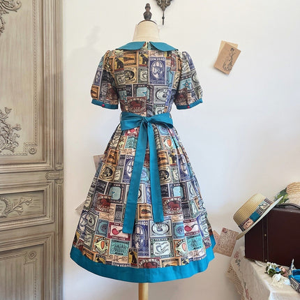 Vintage Postage Stamp Lolita Dress – Classic American Retro Short Sleeve OP for Daily Wear