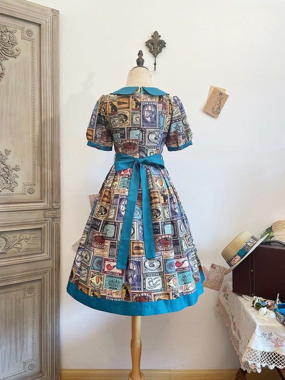 Vintage Postage Stamp Lolita Dress – Classic American Retro Short Sleeve OP for Daily Wear