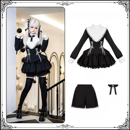 Gothic Lolita Dress with White Lace Collar, Long Sleeves and Lace - up Details