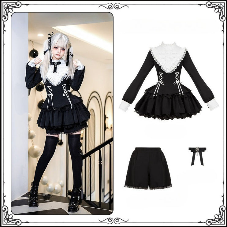 Gothic Lolita Dress with White Lace Collar, Long Sleeves and Lace - up Details