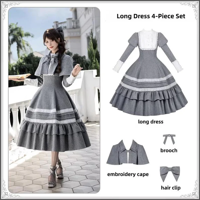 Two - piece Lolita dresses with capes, ruffled tiers and cute bowknots for a charming look
